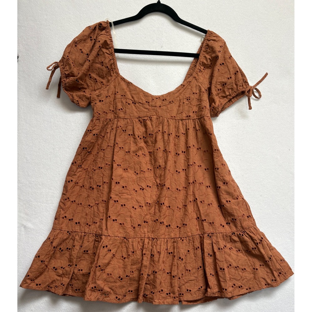 Lush Brown Eyelet Cotton Mini Dress Puff Sleeve Boho Babydoll DR97108E-I Small - Picture 3 of 10